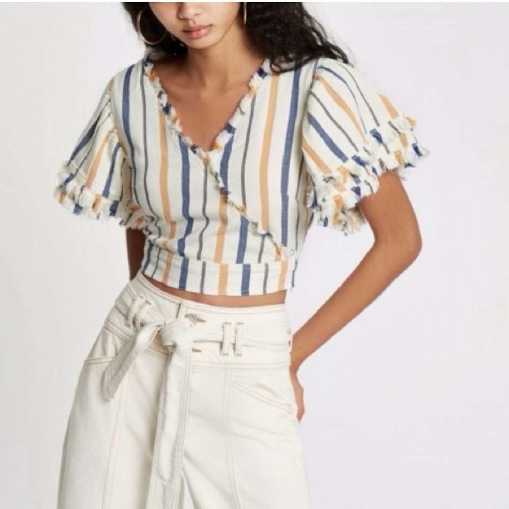 🌲River Island Linen Top Flutter Sleeve Beachy Costal White Stripes UK 8 US 4